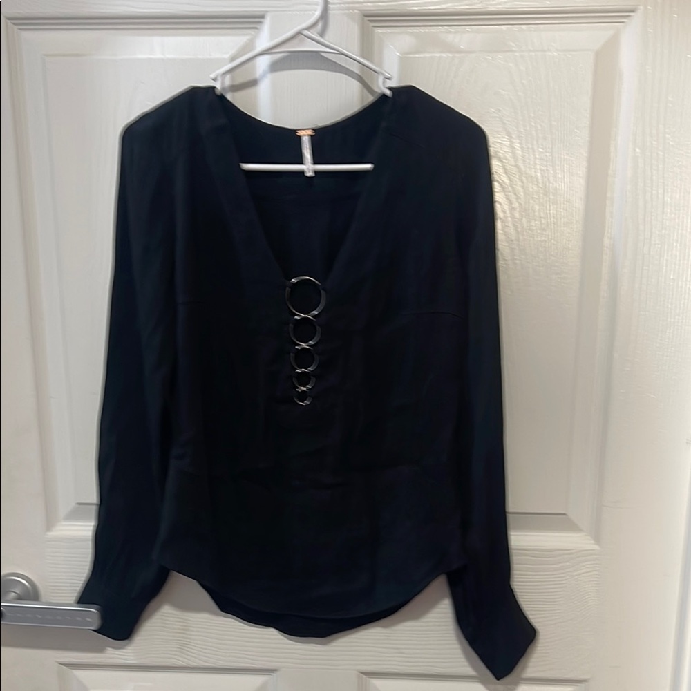 Free People Black Cut Out Long Sleeve Blouse
